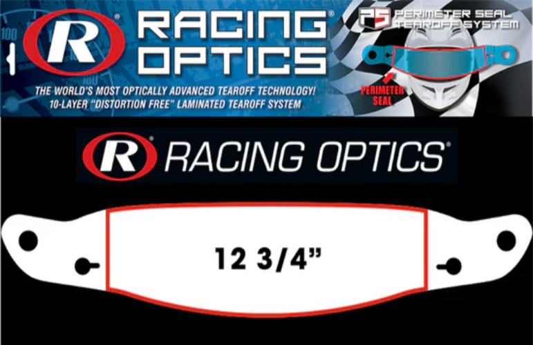Racing Optics product with tearoff technology and branding on a black background