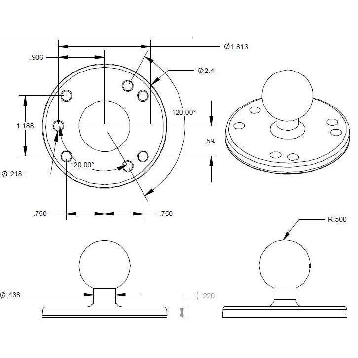 RAM Round Plate with Ball - C Size - 1.5 Inch