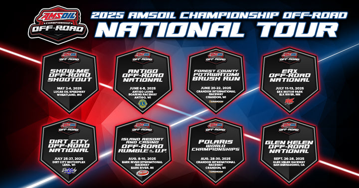 Promotional graphic for the 2025 AMSOIL Championship Off-Road National Tour with event names and dates.